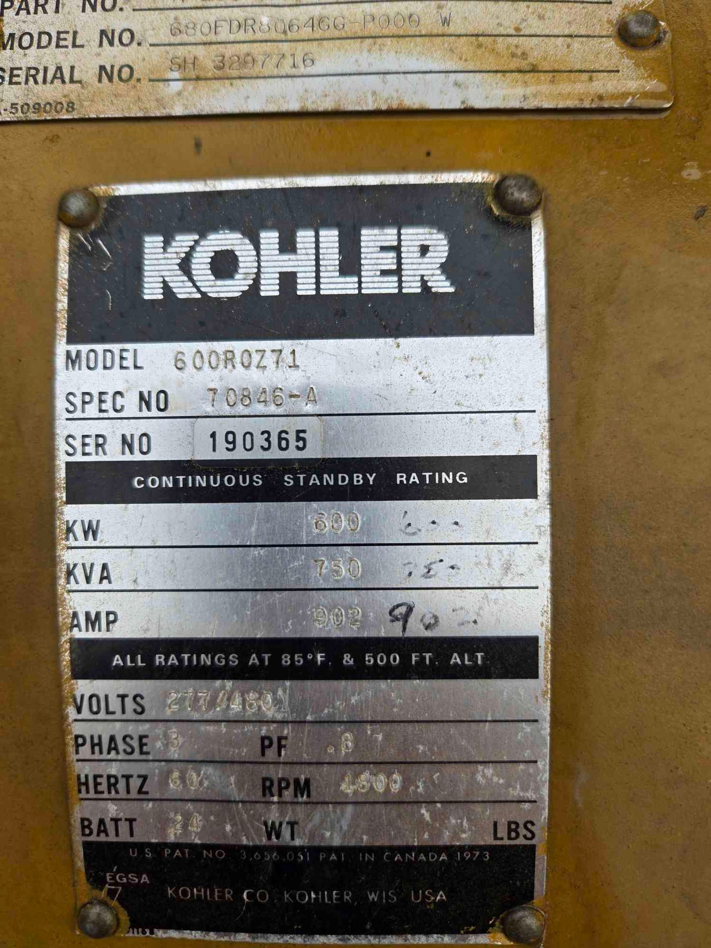 600 KW Kohler Generator 277/480V 3Ph 842 Hours