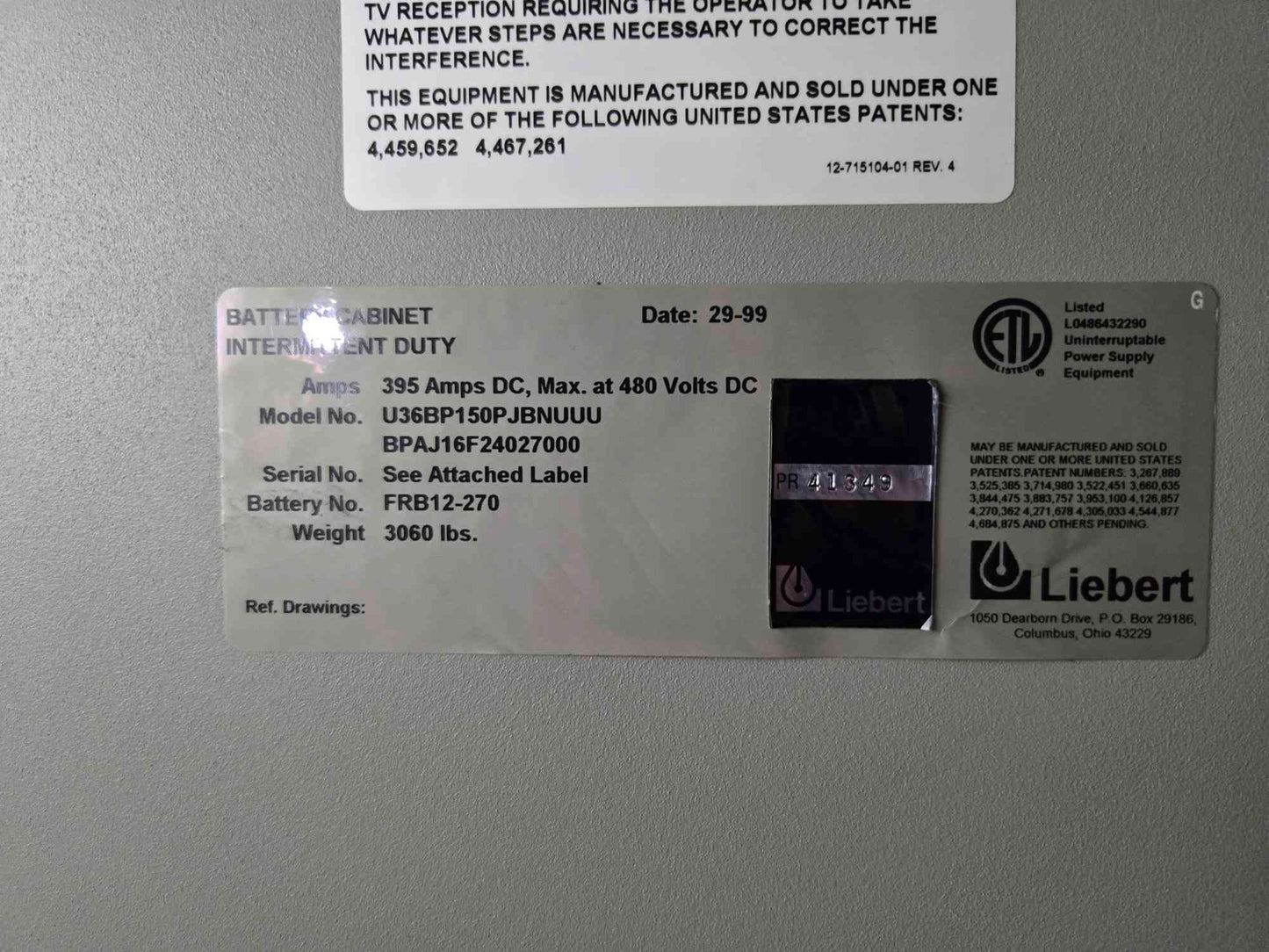 Liebert 400A UPS 600 Series Battery Cabinet No Batteries 395A DC Max 480 Volt