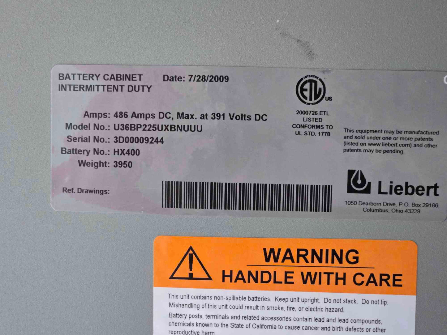 450A Liebert 610 Series UPS Battery Cabinet Only 486 Amp DC Max At 391 Volt DC No Batteries