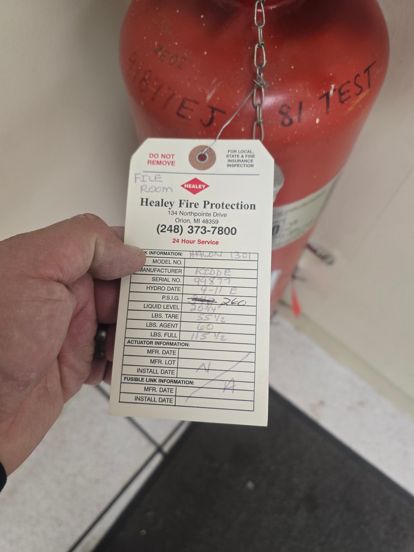Kidde KPH-60-60 Halon 1301 Fire Suppression System Cylinder Tank 60lb Agent