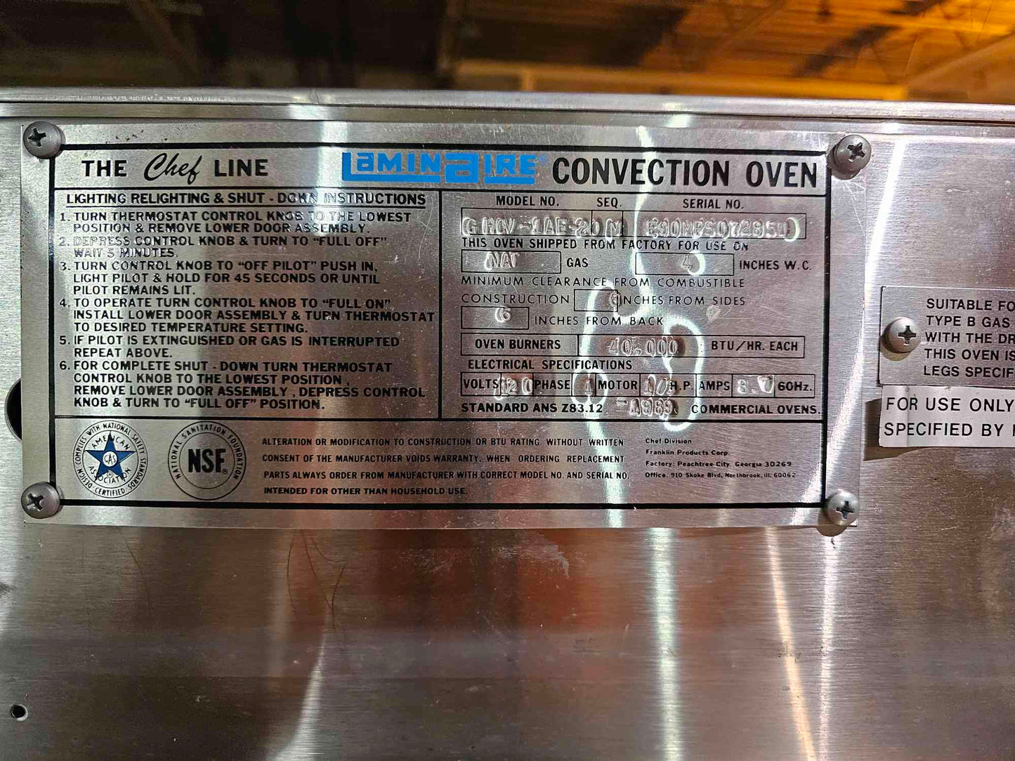 Franklin Laminair Chef Line Oven 40,000 BTU 1/3HP Professional Grade