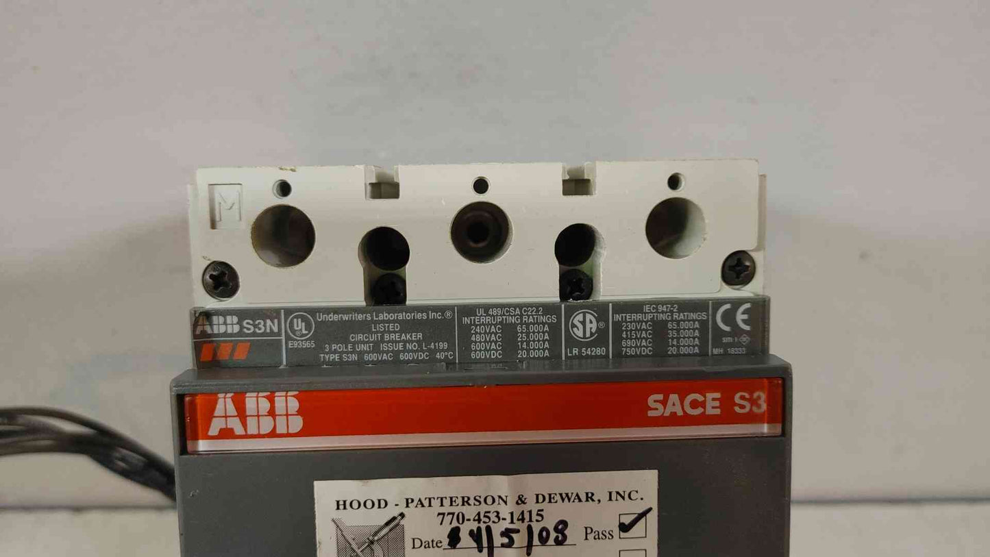 ABB Sace S3N 150A 3 Pole Circuit Breaker 600VAC 600VDC 65000A L-4199(104638)
