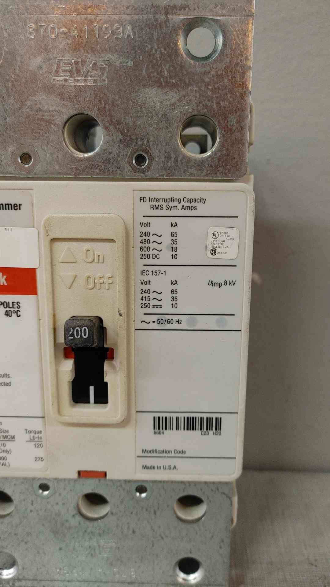 Cutle-Hammer 200A 3 Pole Circuit Breaker 600VAC 250VDC FD3200WA06(104740)