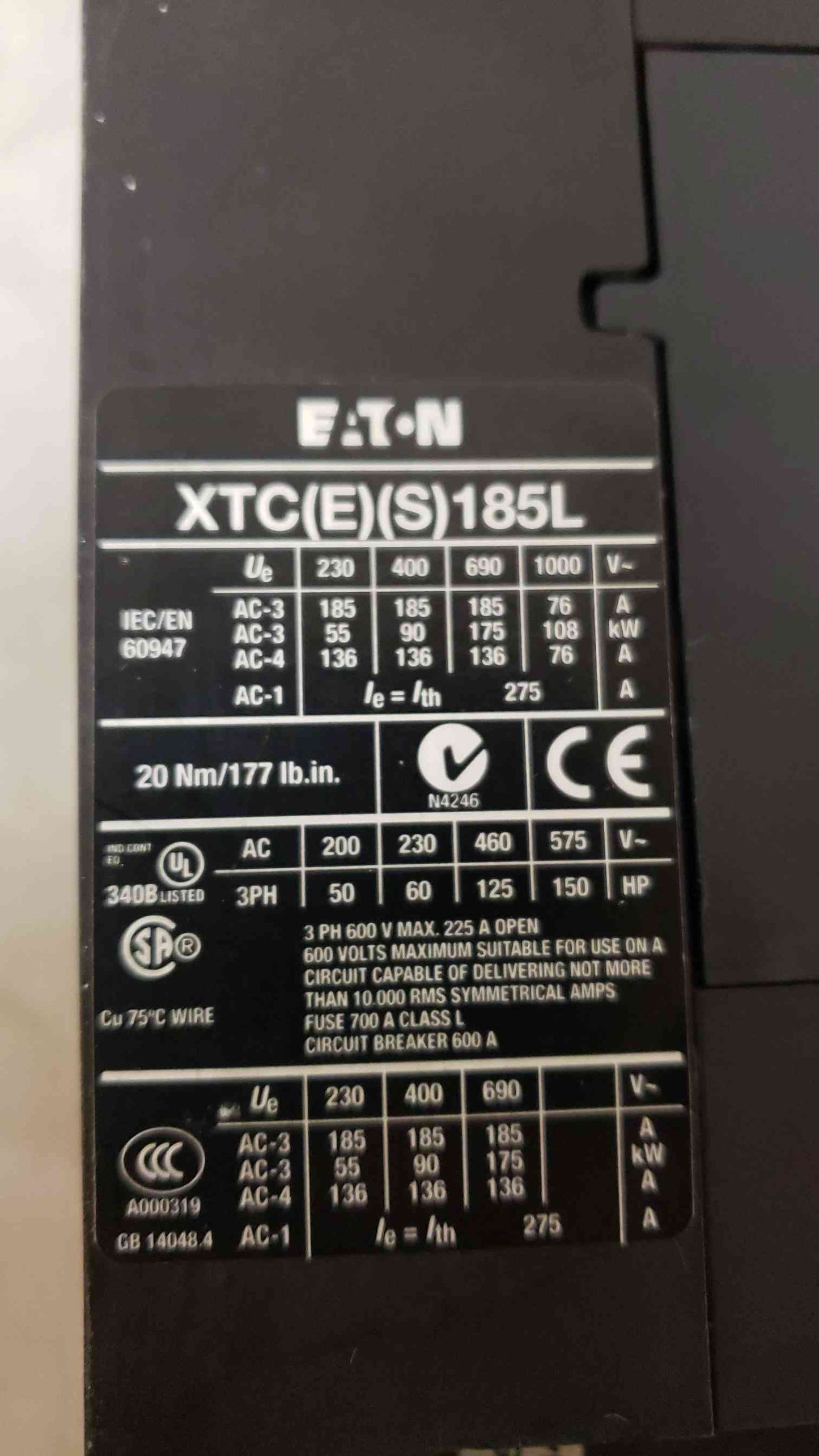 EATON Electric Contactor 3 Pole XTCE185L(104777)