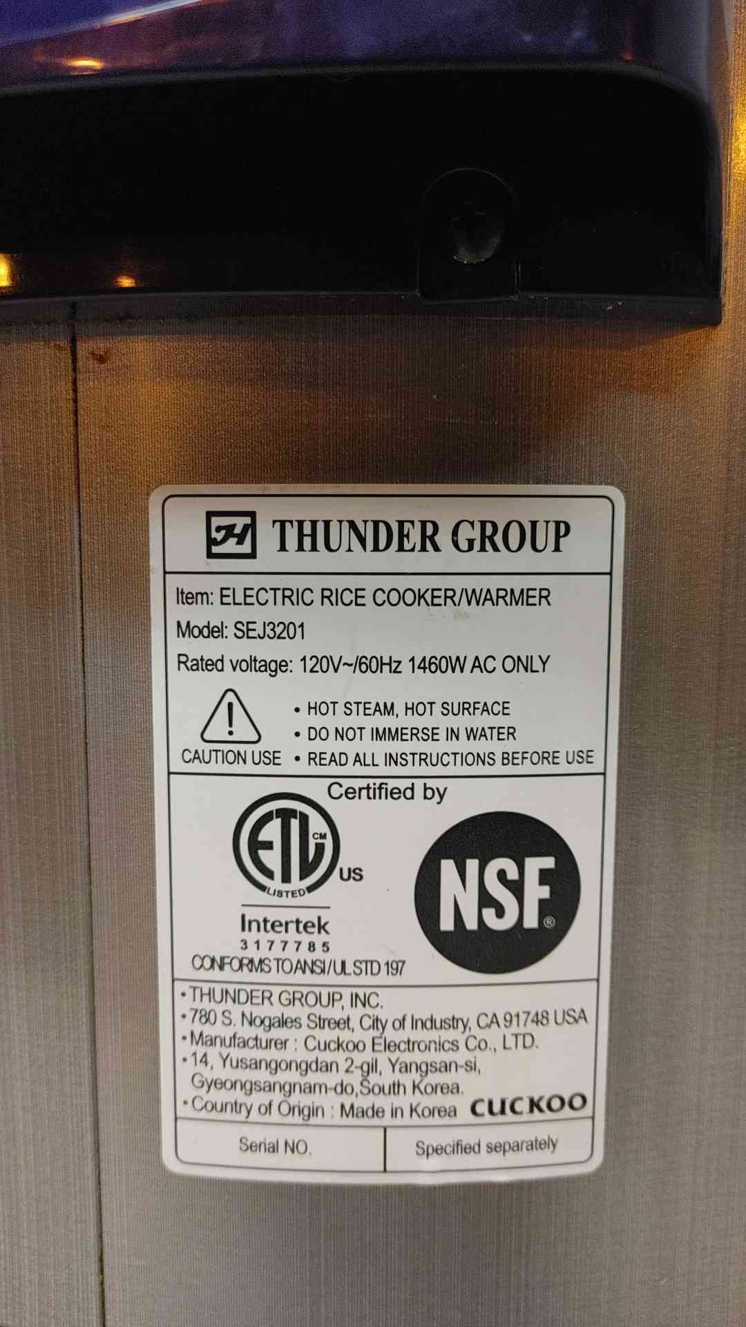 Thunder Group Electric Rice Cooker/Warmer 120V 1460W SEJ3201