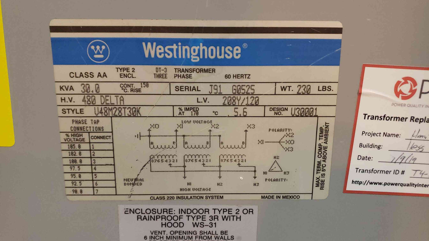 Westinghouse 30KVA 480v x 208Y/120 Dry Transformer U48M28T30K (SKU: 106903)