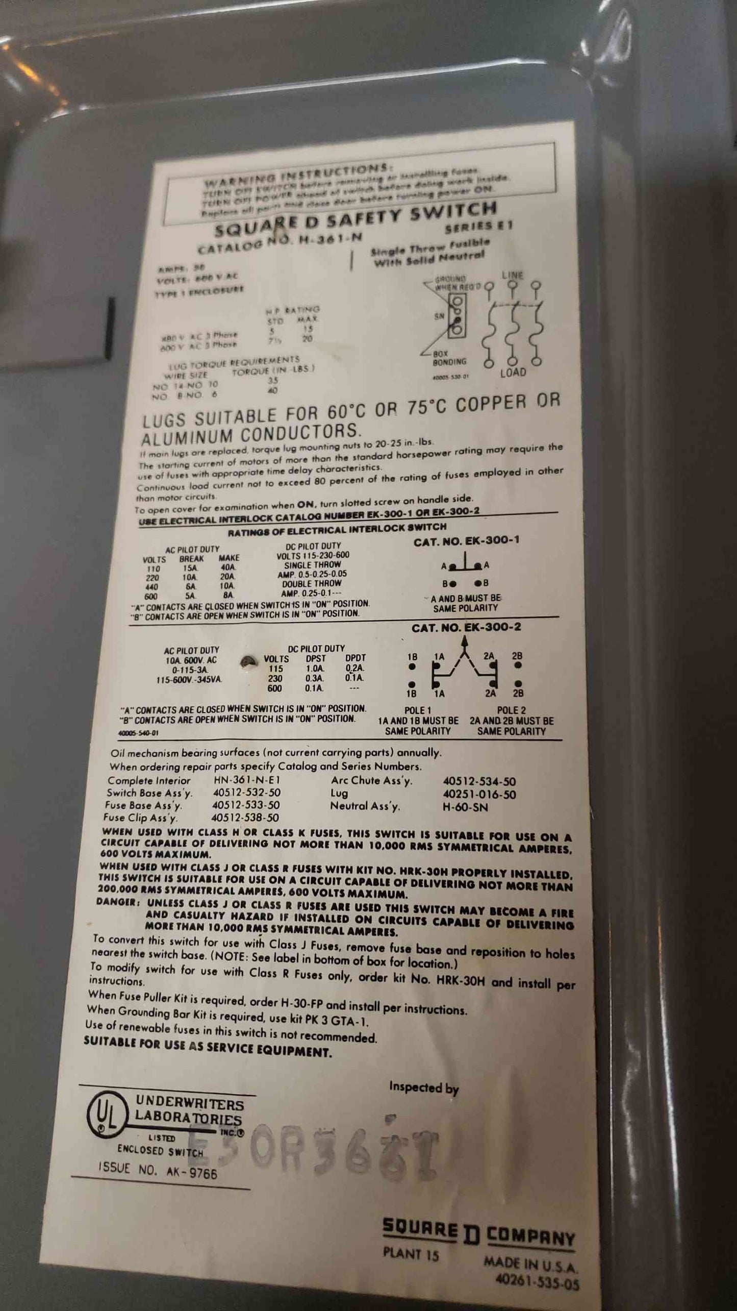 *Pickup Only* Square D 30A 3PH 600VAC Safety Switch H-361-N (SKU: 106897)