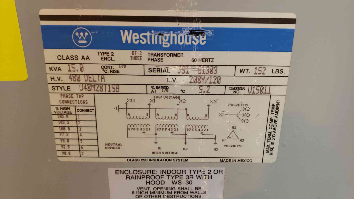 Westinghouse 15KVA 480v x 208Y/120 3PH Dry Transformer U48M28T15B (SKU: 106918)