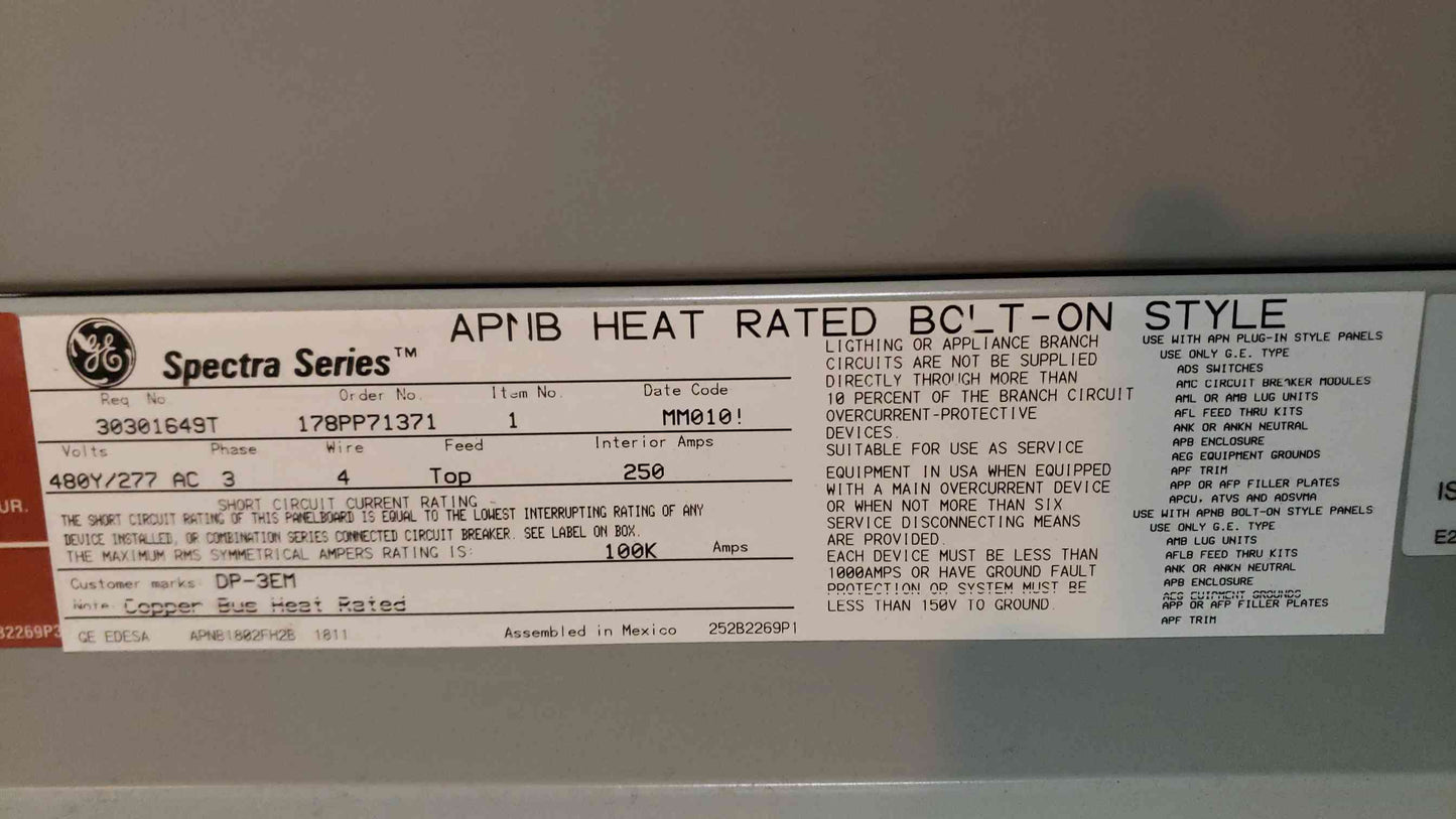 GE Spectra RMS 480Y/277 3PH 4W Unpopulated Breaker Enclosure Panelboard (SKU: 107076)