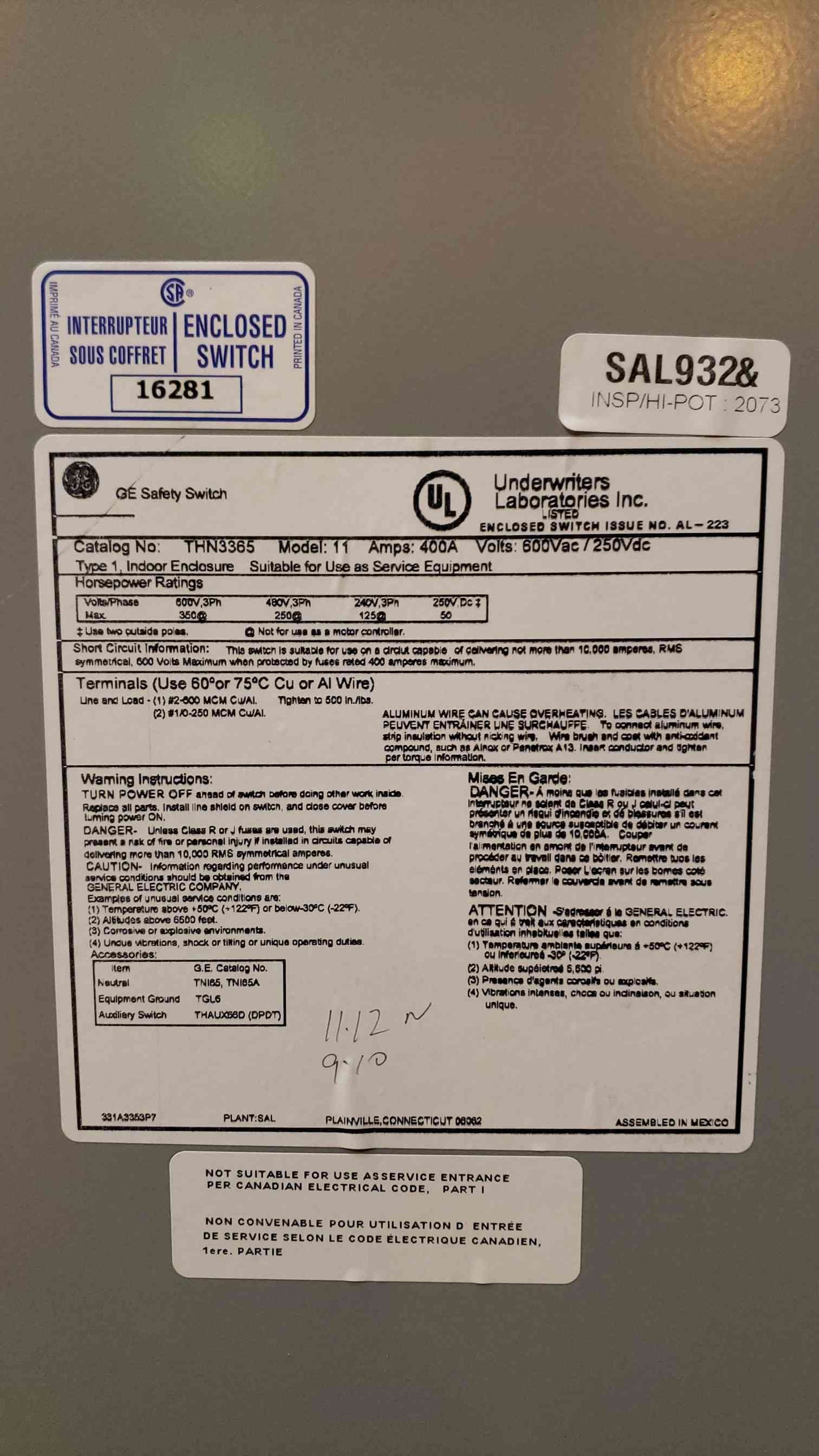 General Electric Indoor Safety Switch 400A 600VAC 250VDC 3PH THN3365