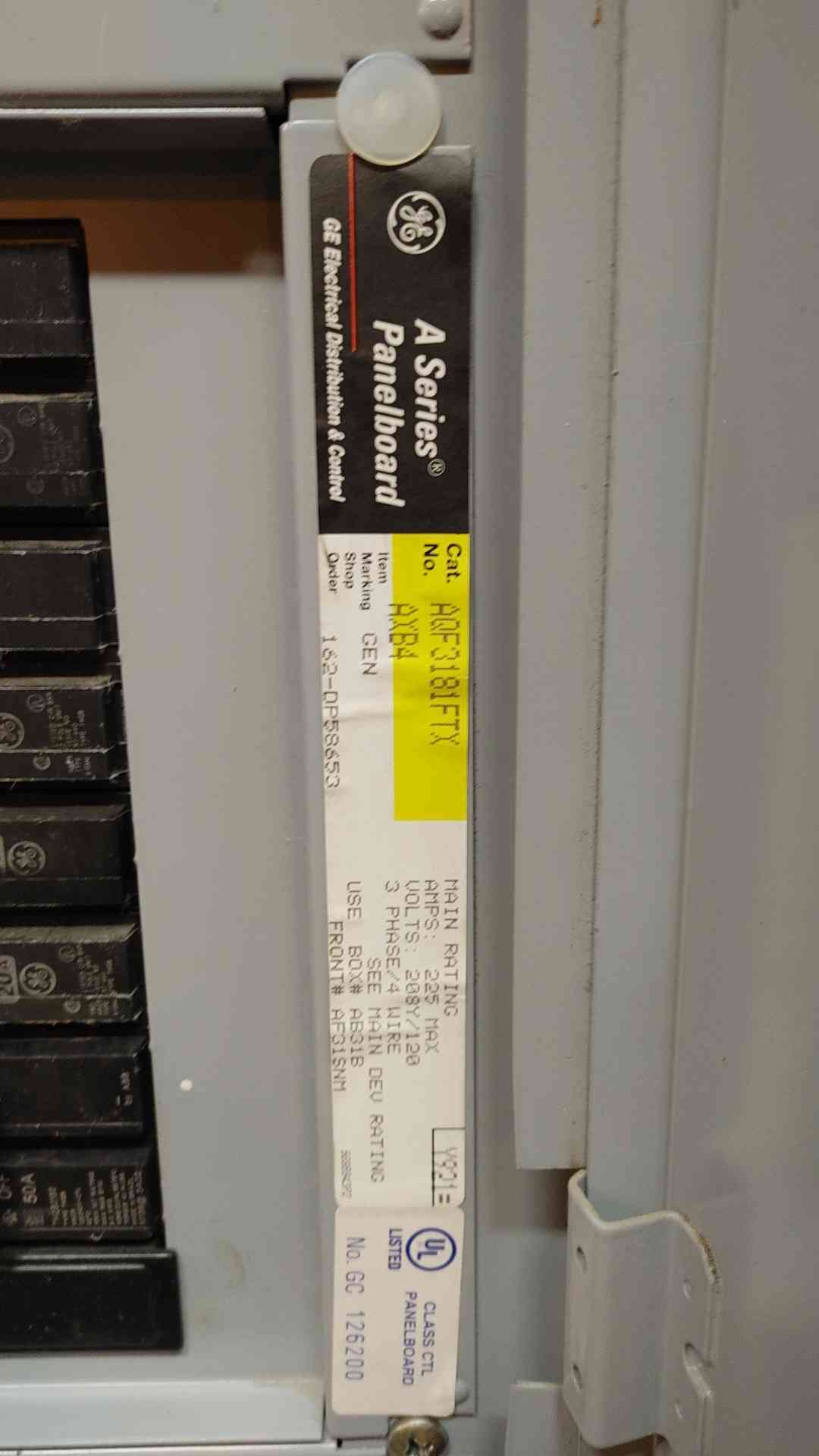 GE Spectra RMS Panelboard 225A 208/120V 3PH AQF3181FTX A Series