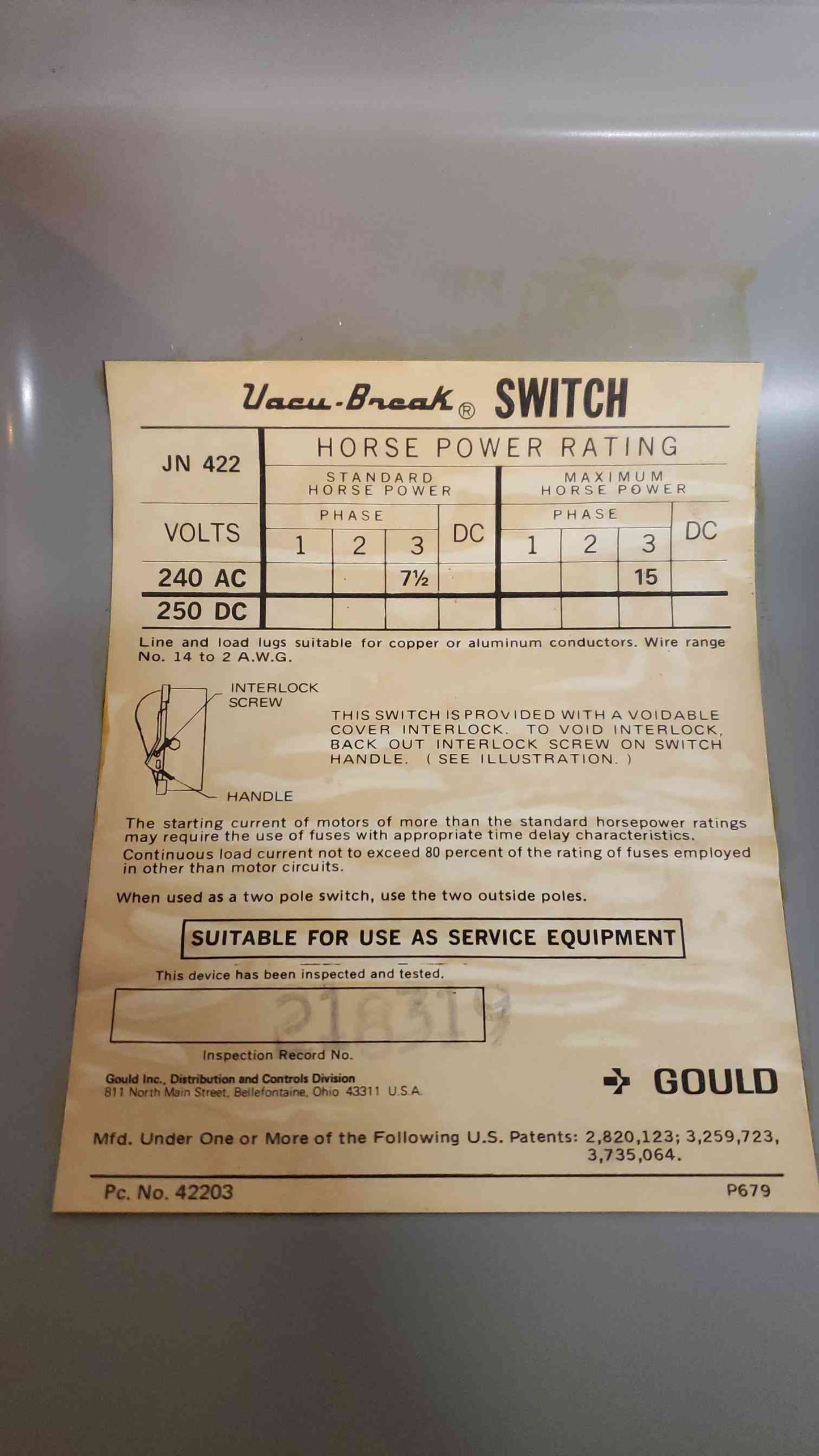 GOULD I-T-E General Duty Safety Switch 60A 240V 3PH JN422
