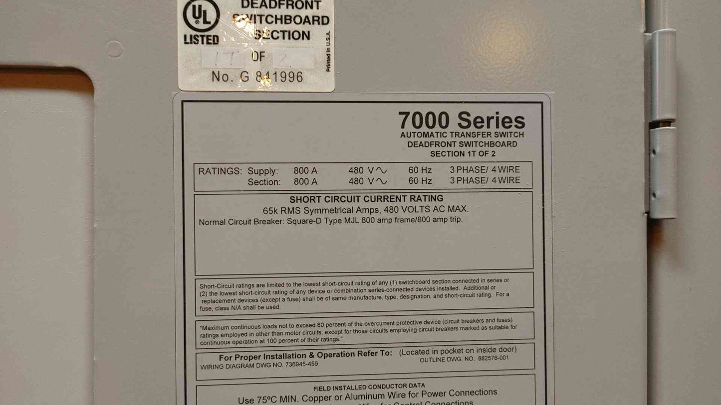 ASCO ATS 7000 Series 800A 480V 3PH 4W H7ADUBA30800N5XC