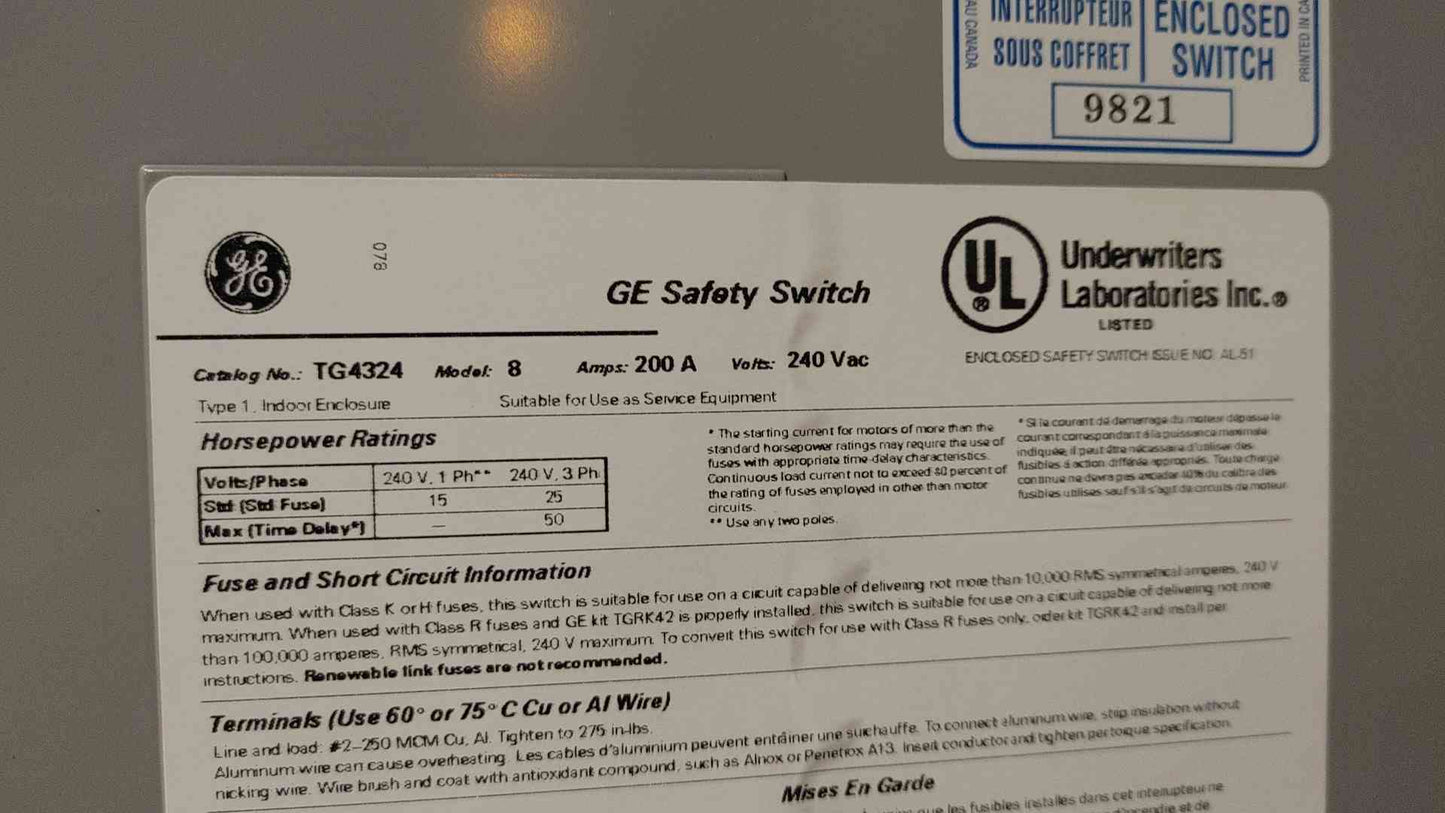 General Electric General Duty Safety Switch 200A 240VAC 3PH TG4324