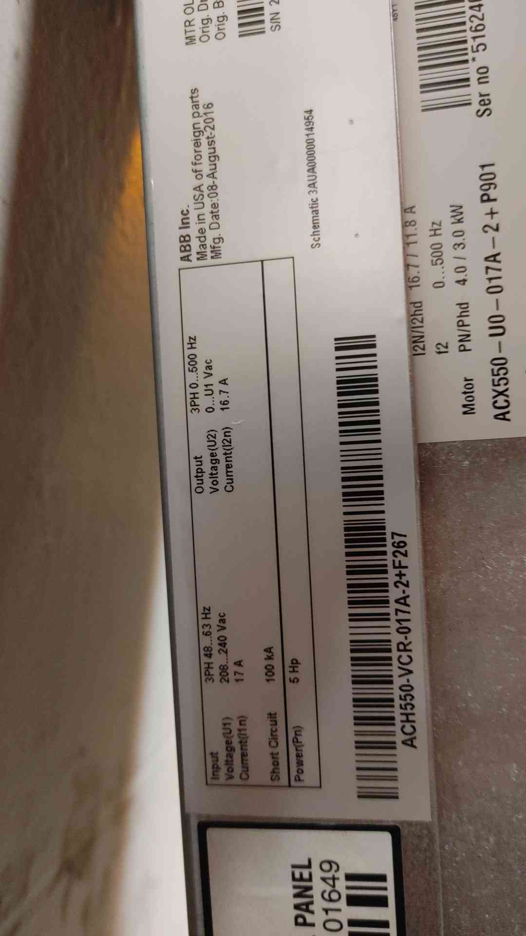 ABB 5HP Enclosed Industrial Control Panel 5HP 100KA 3PH 208-240VAC 17A ACH550-VCR-017A