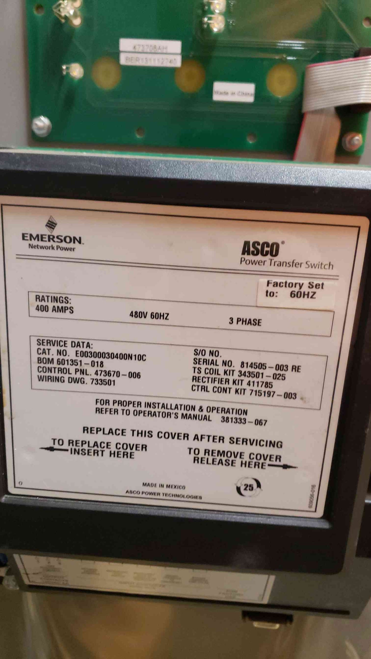 Emerson ASCO ATS 400A 480V E00300030400N10C (SKU: 107852)