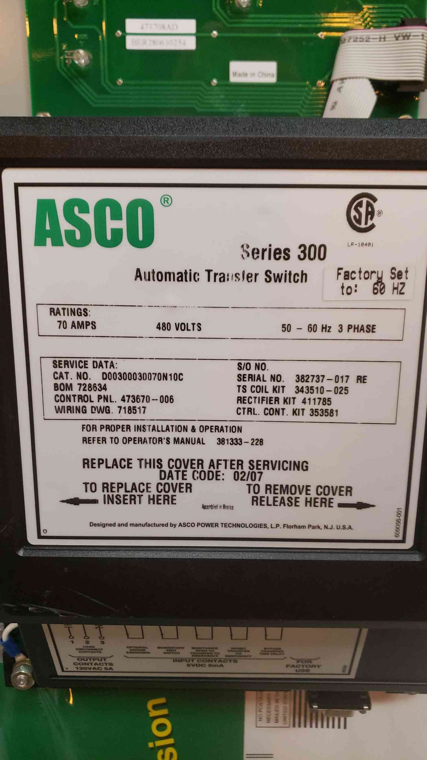 ASCO 70A 480V 3PH ATS D00300030070N10C Emerson Series 300 (SKU: 108228)