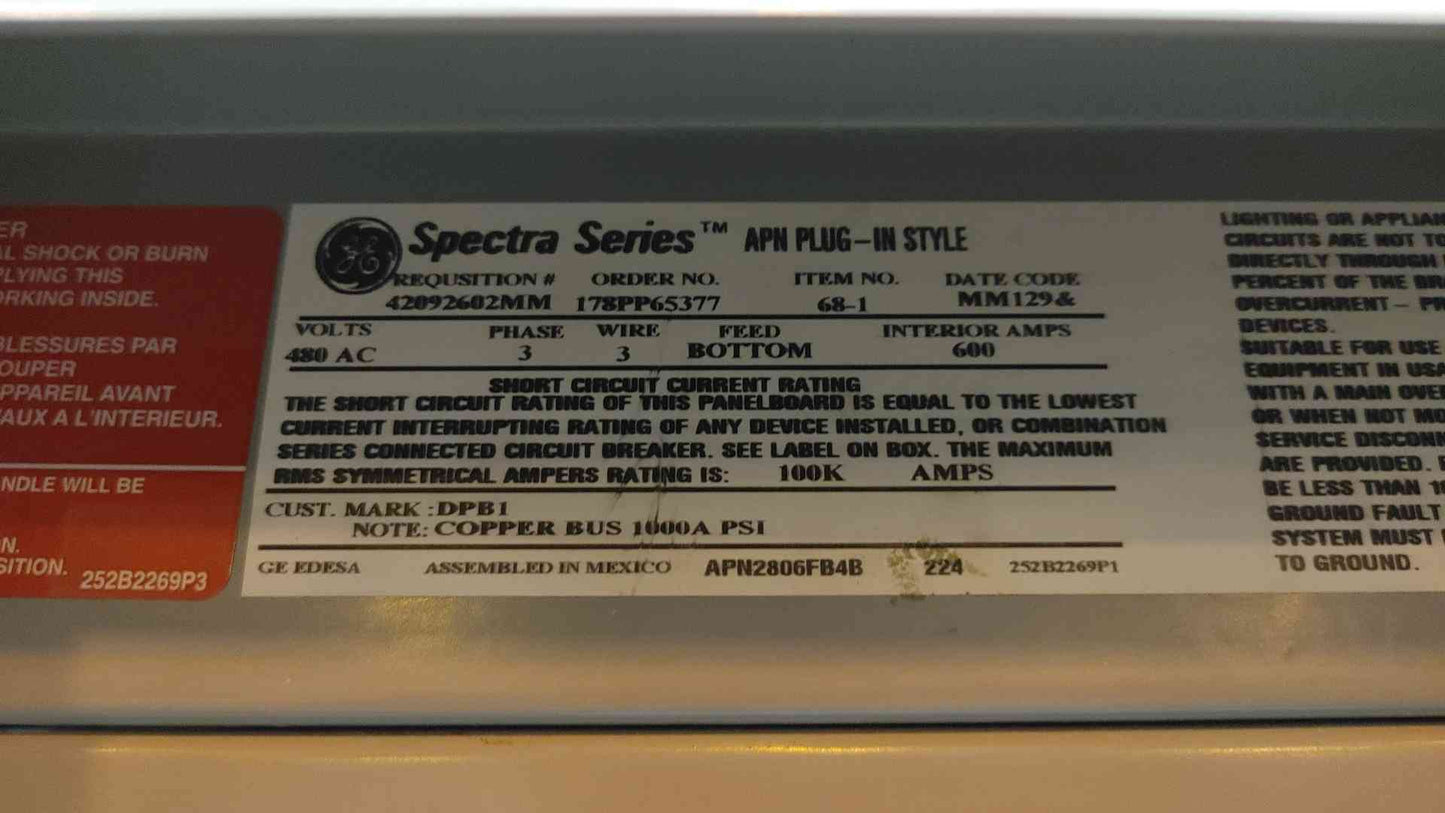 GE Spectra 480v Panelboard APN 600A 10 Breakers 3PH 3W 42092602MM (108615)