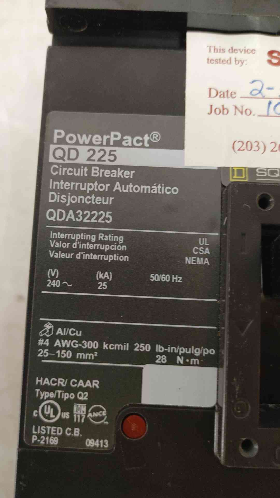 Square D Circuit Breaker QDA32225 225 Amp 3 Pole I-Line (108594)