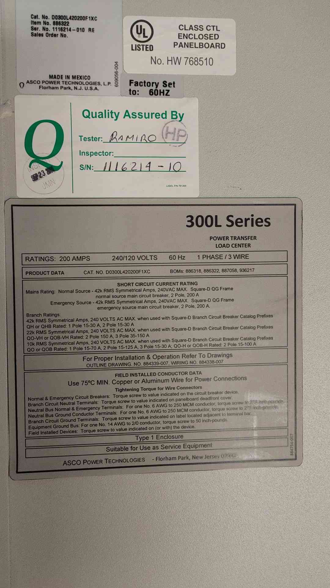 200A ASCO ATS 300L Power Transfer Load Center 240/120V 1Ph Dist Panel Surge Suppression (108596)