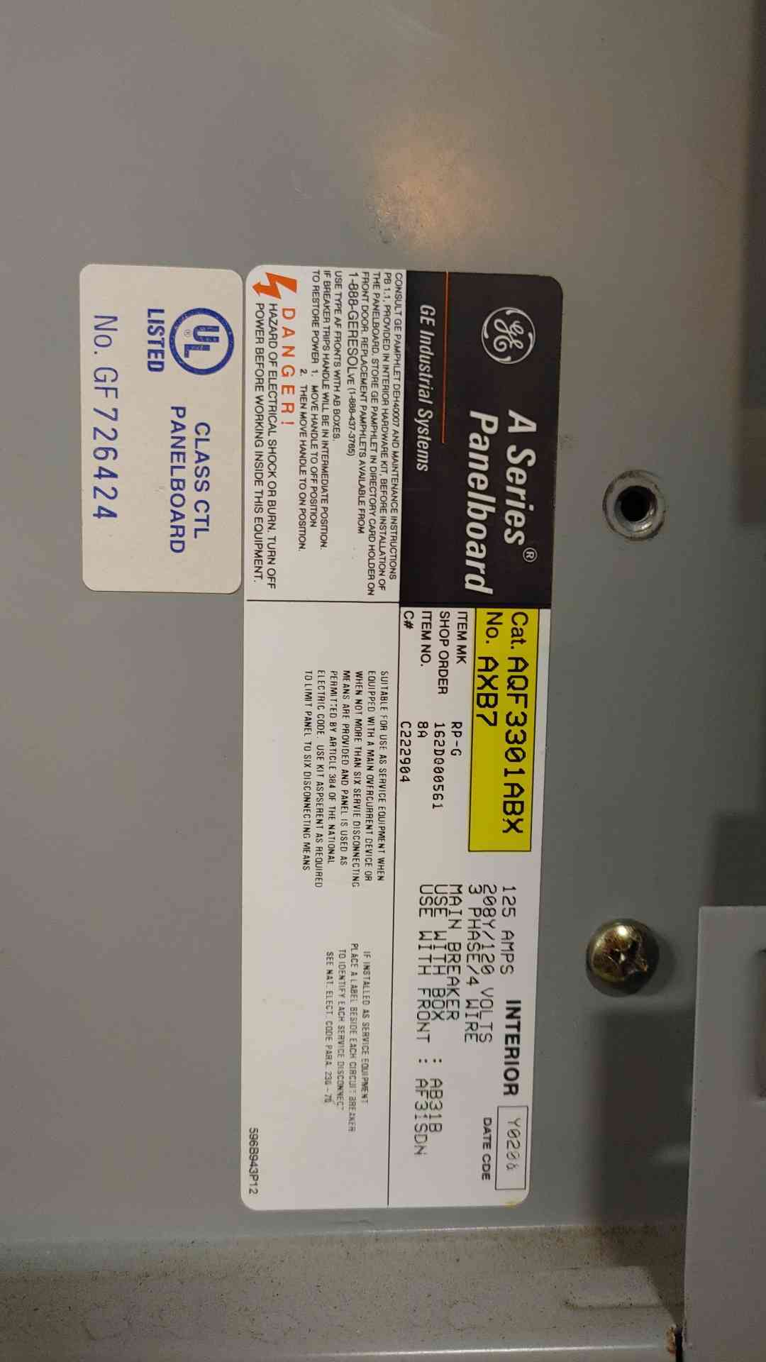 GE A Series Panelboard 125A 208/120V 3PH 4W with Main (108989)