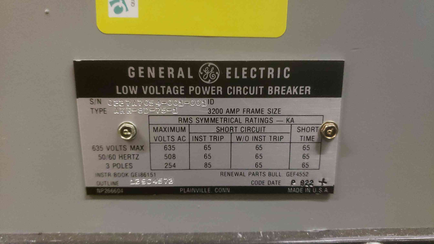 GE 3200A 635V Max Low Voltage Power Circuit Breaker AKR-8D-75-1 (SKU: 109429)