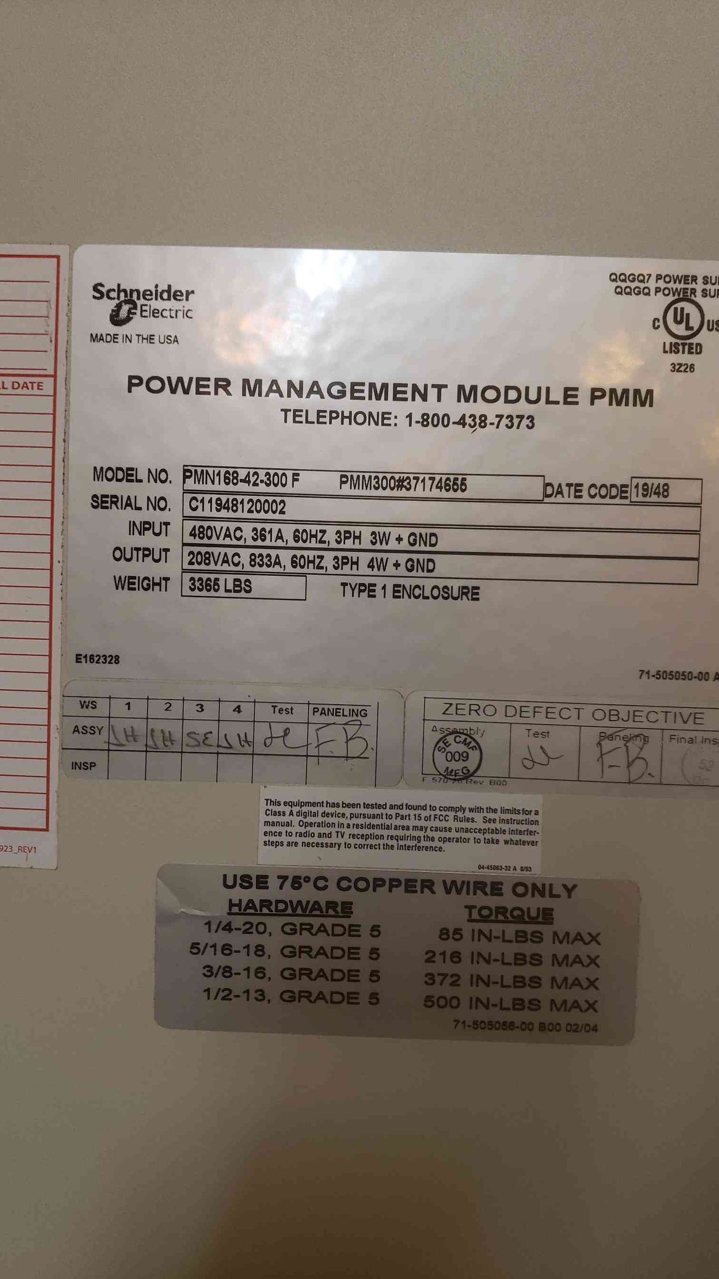 APC PDU PMM 300KVA PMN168-42-300 F 480v x 208/120 Power Distribution Unit (SKU: 109667)