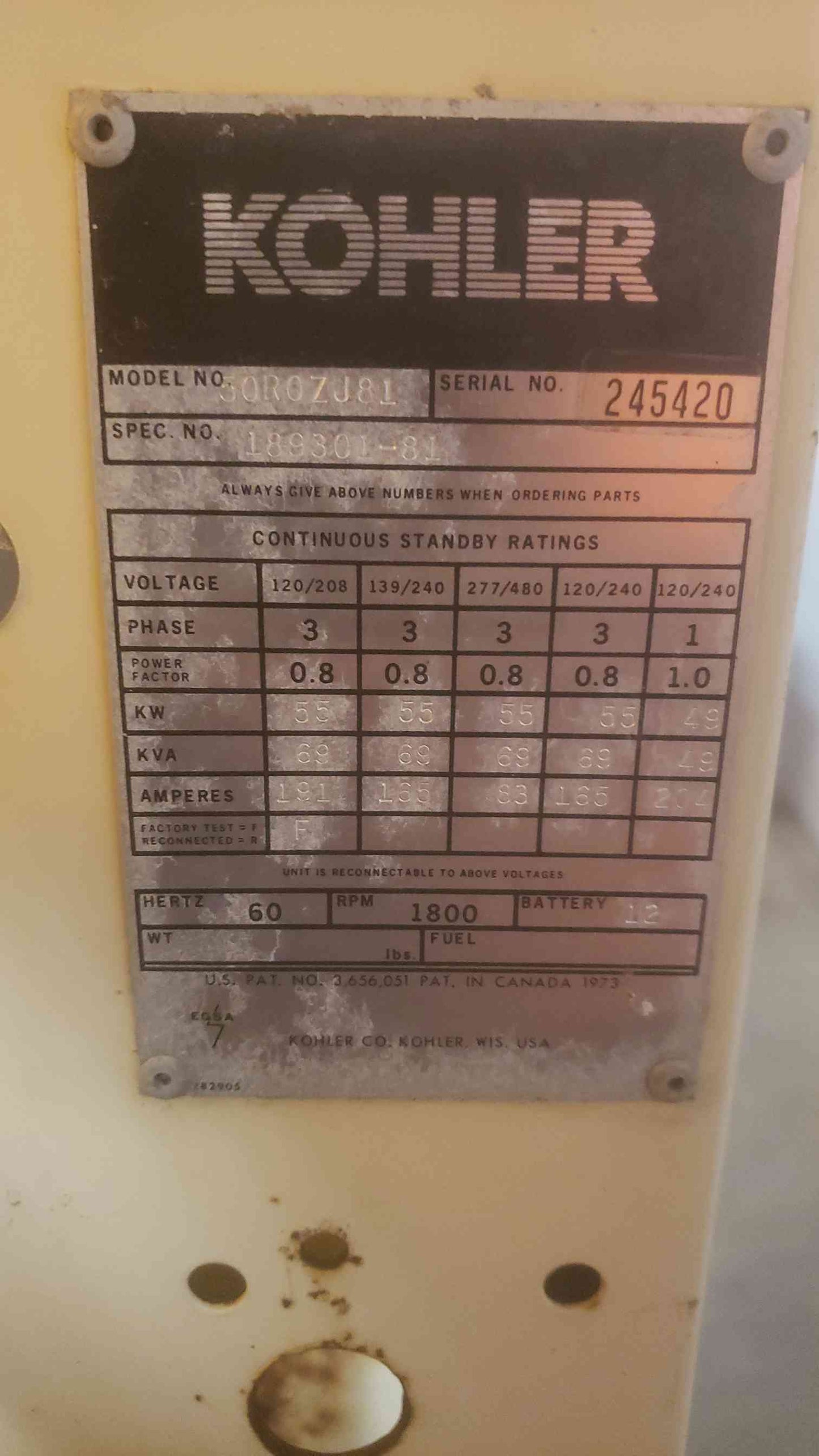 AS-IS 55KW Kohler John Deere 4239 Diesel Generator 50R0ZJ81 906.6 Hrs Non-Working (SKU: 110383)