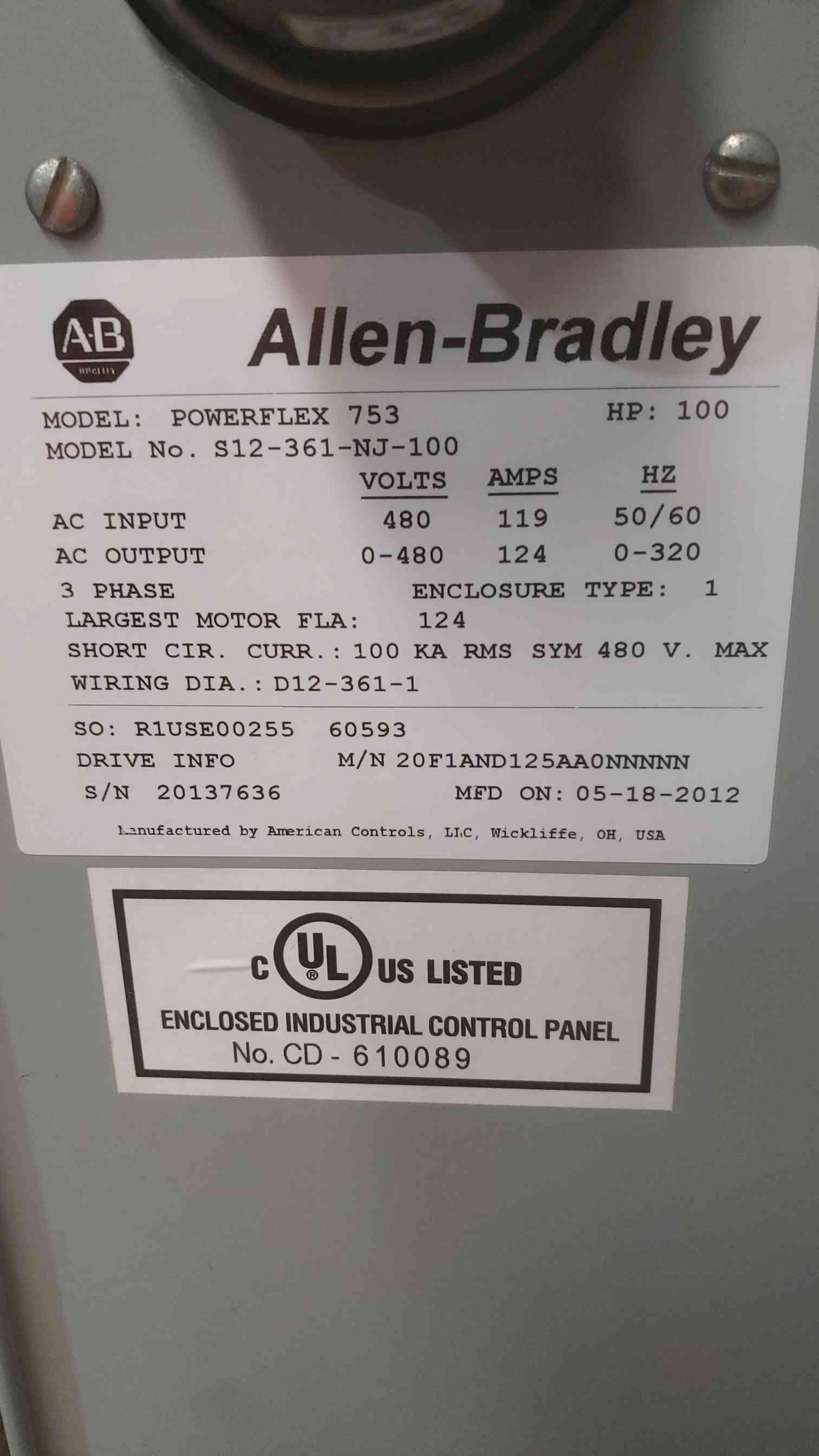 Allen-Bradley PowerFlex 753 480V 124A S12-361-NJ-100 VFD