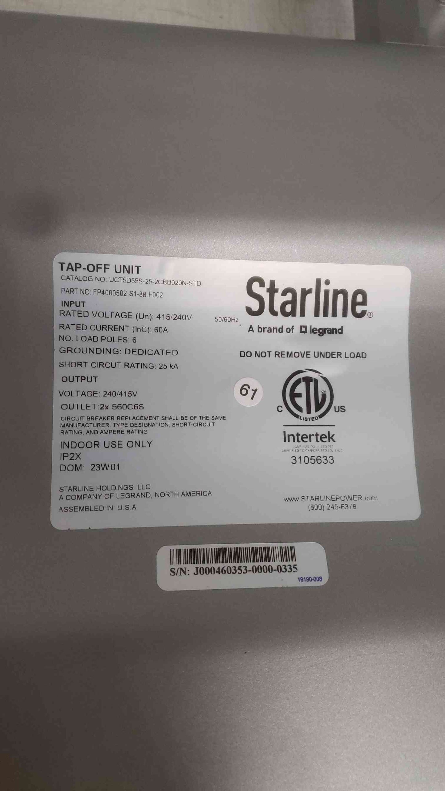 NEW Starline 415/240V 60A Busway Tap-Off Unit UCT5D55S-25-2CBB020N-STD (SKU: 111119)