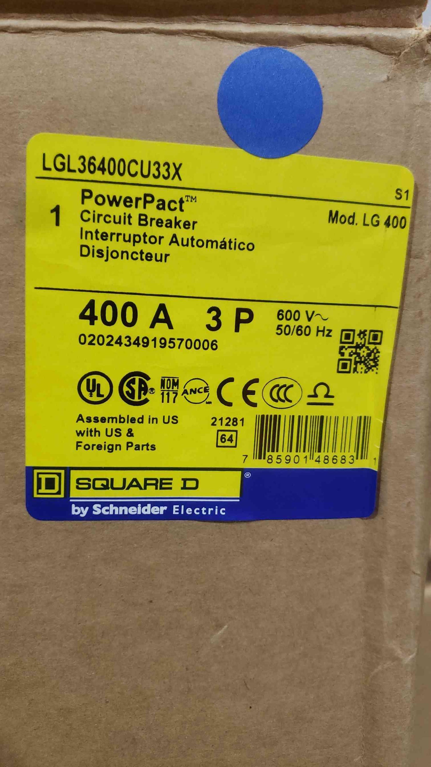 NEW SQUARE D 400A PowerPact Circuit Breaker LGL36400CU33X(SKU: 111308)