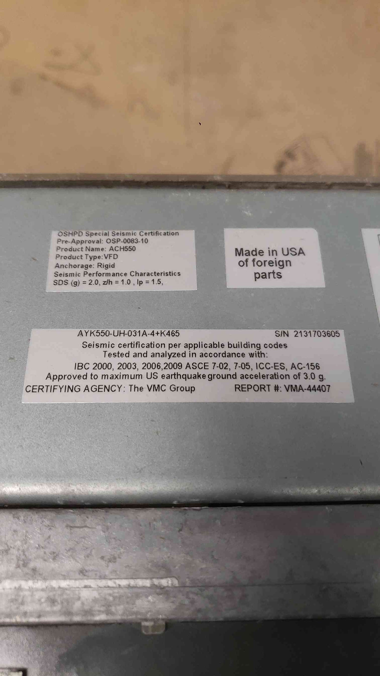 Johnson Controls VFD W/Control Panel AYK550-UH-031A-4+K465(SKU: 112192)