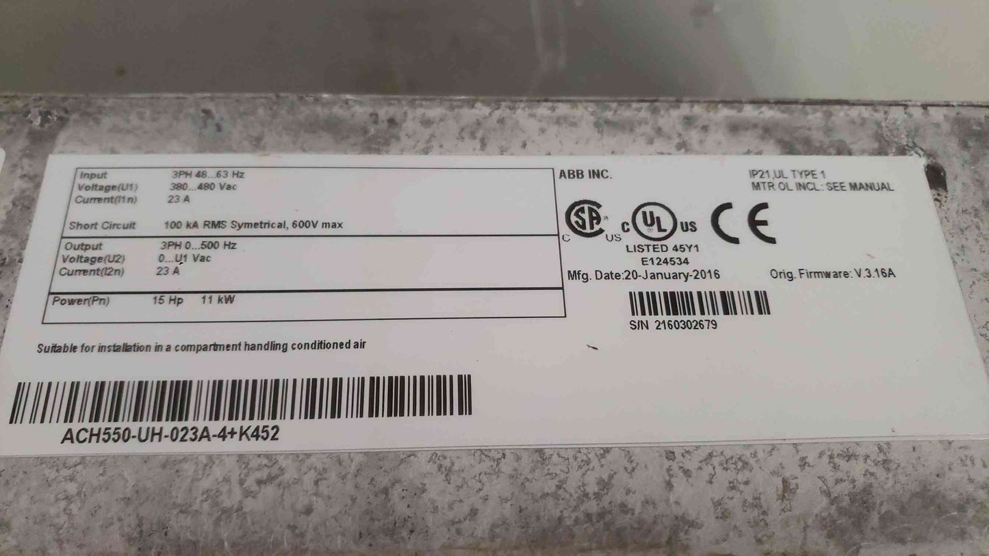 AS-IS ABB 15HP 3PH HVAC Driver ACH550-UH-023A-4+K452 (SKU: 112609)