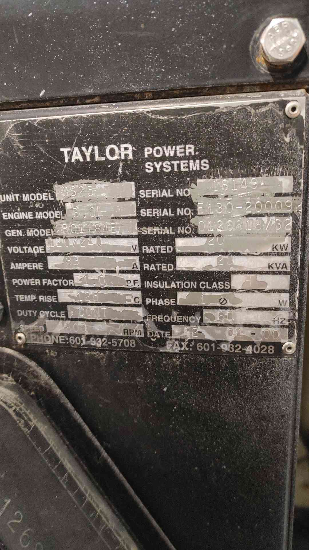 AS-IS Taylor Power GS25 20kW Standby Generator GM 3.0L Engine 120/240V 1-PH 83A (SKU: 113307)