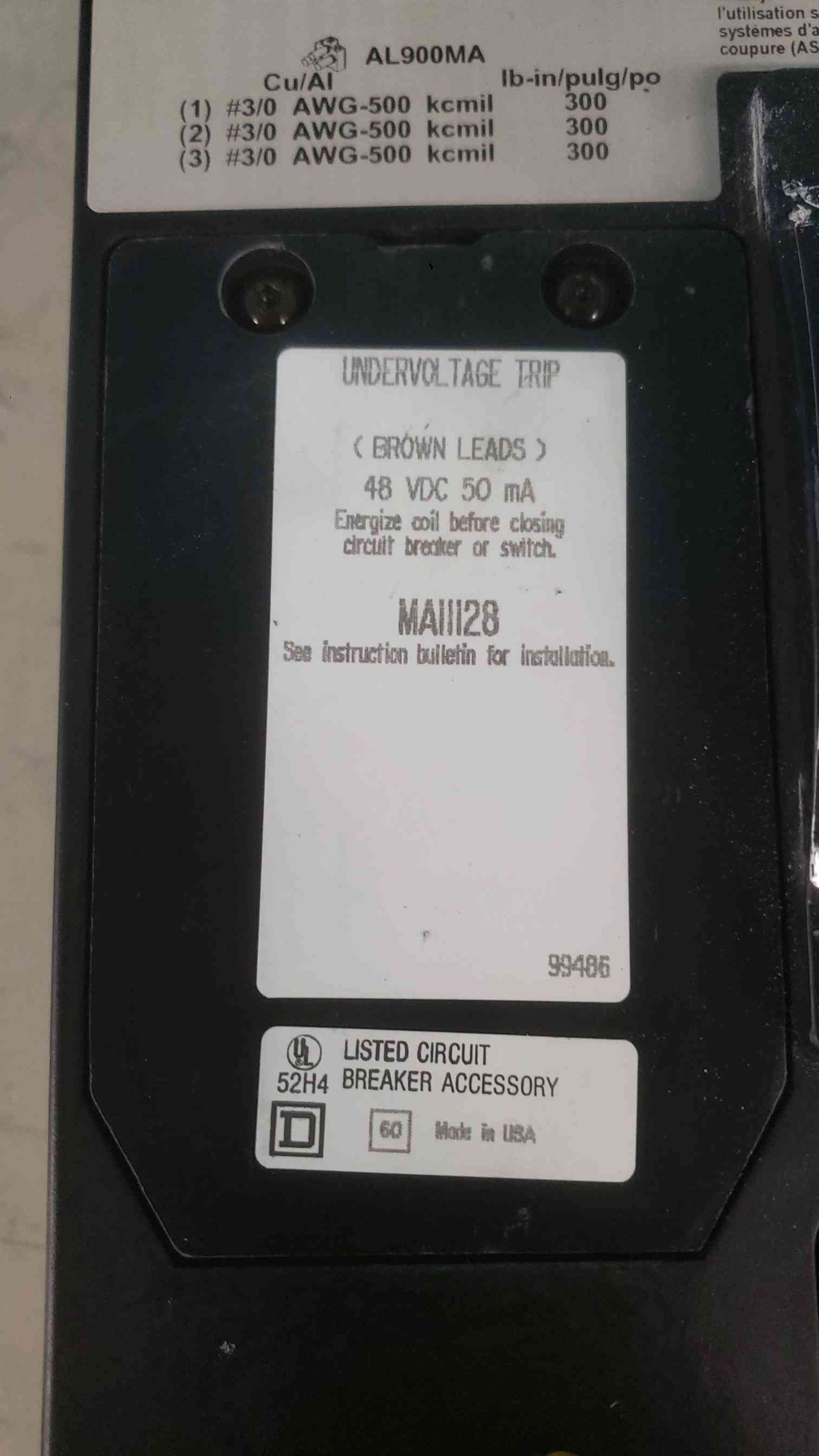 Square D MHL3640025DC1679 400A 600V DC Circuit Breaker w/ 48V UVR & Aux Switch (SKU: 113322)