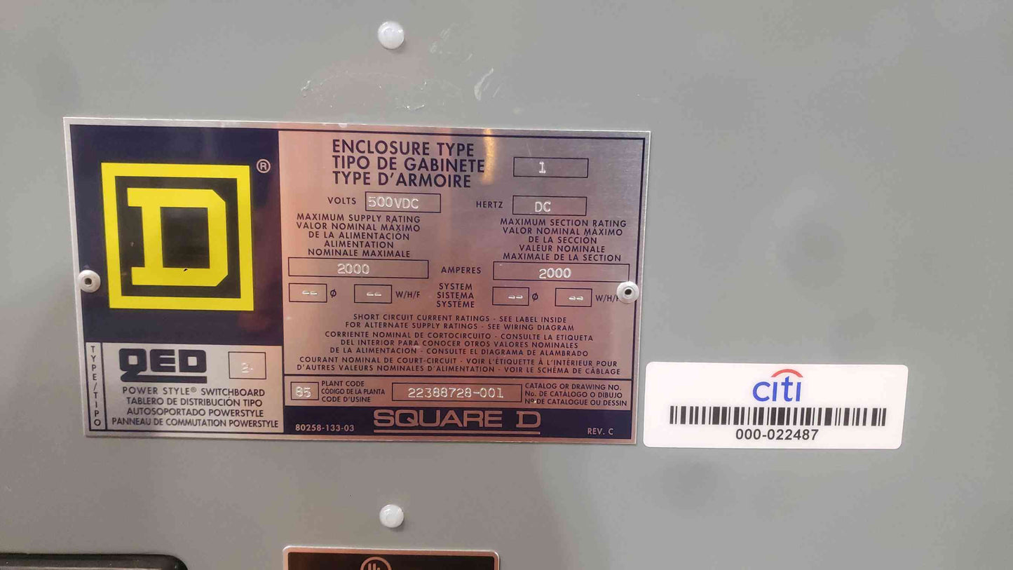 Square D QED 2000A 500VDC Switchboard Battery Disconnect Cabinet GFM600 Breaker