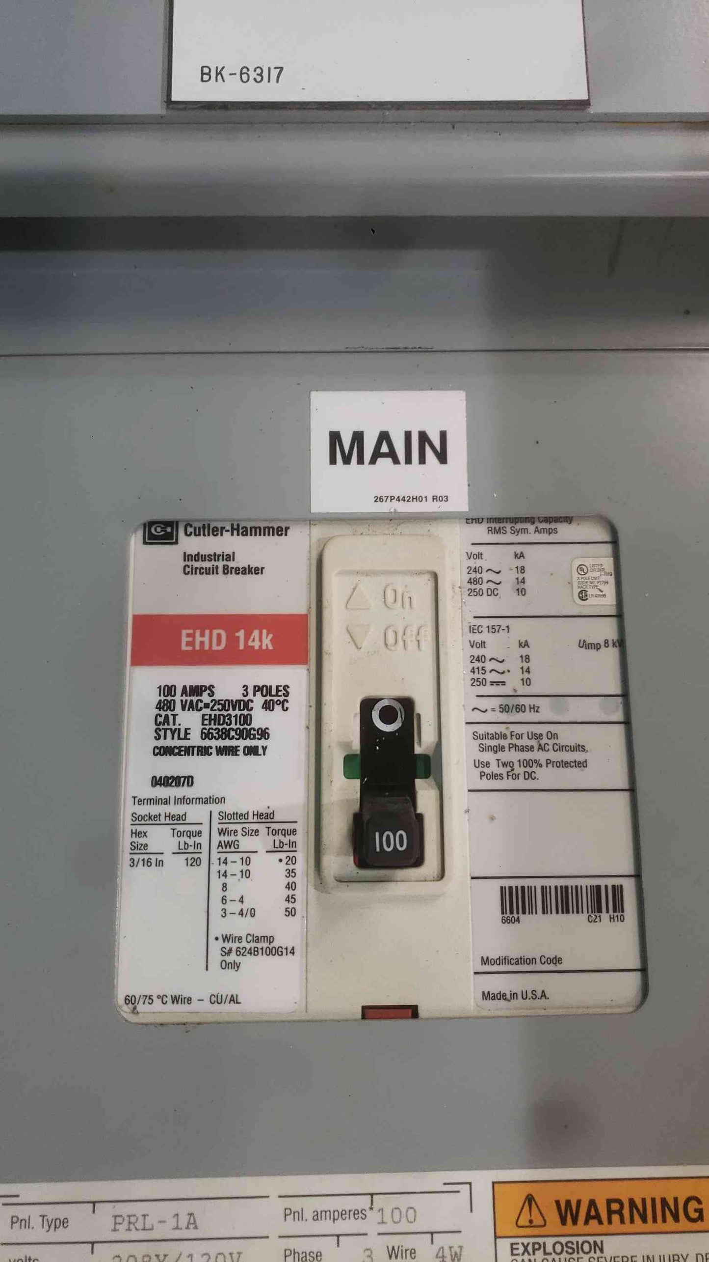 Eaton Cutler-Hammer PRL-1A Panelboard 100A Main EHD3100 Mixed 15A 20A 30A 40A 3PH