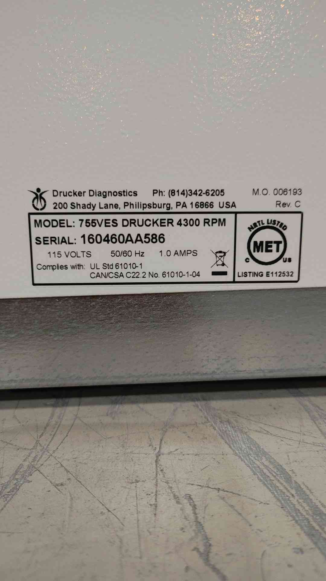 Drucker Diagnostics Horizon 755VES Benchtop Lab Centrifuge 4300 RPM 24 Tube Cap