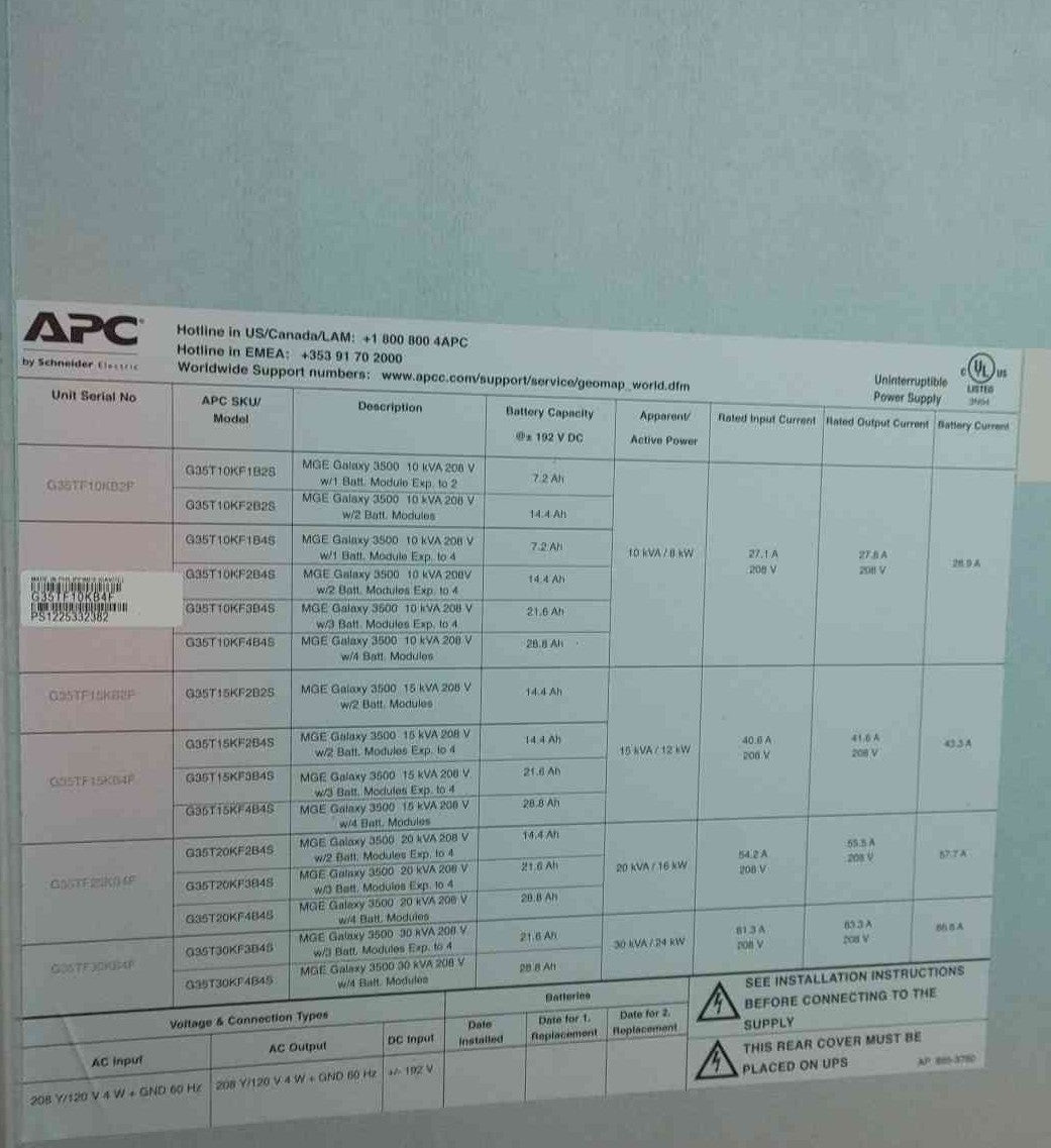 APC MGE Galaxy 3500 10kVA 208V 3-Phase UPS Frame G35TF10KB4F SYBTU1-PLP