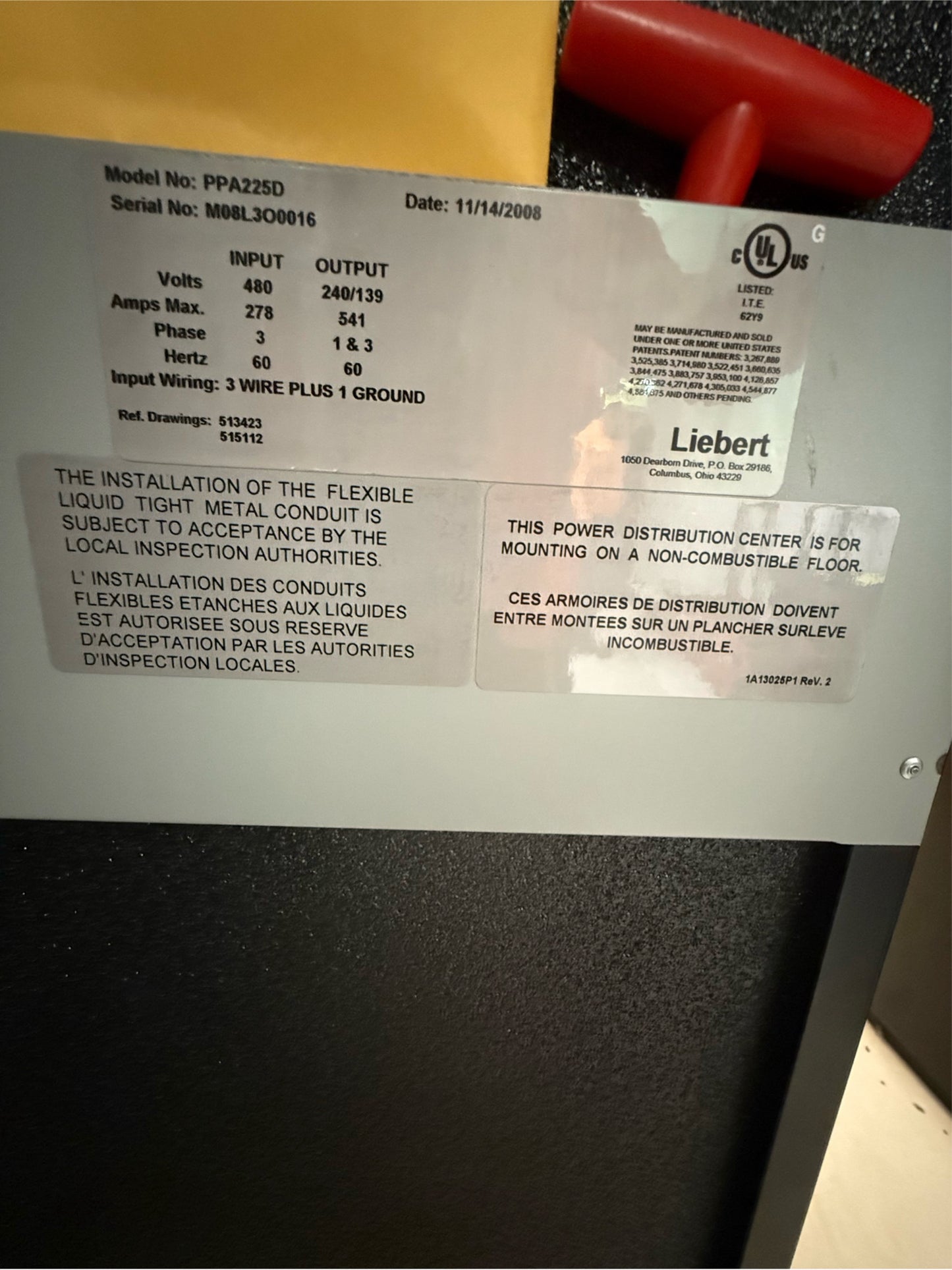 225KVA Liebert PPA225D 480V x 240V Step Down PDU Power Distribution (2008)