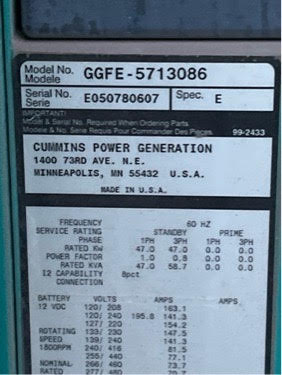 Cummins Power Generation GGFE 47kW Standby Generator PowerCommand 2100 Enclosed