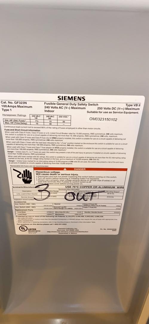 100A Siemens F Disconnect General Duty Safety Switch GF323N(S6LLST3635)