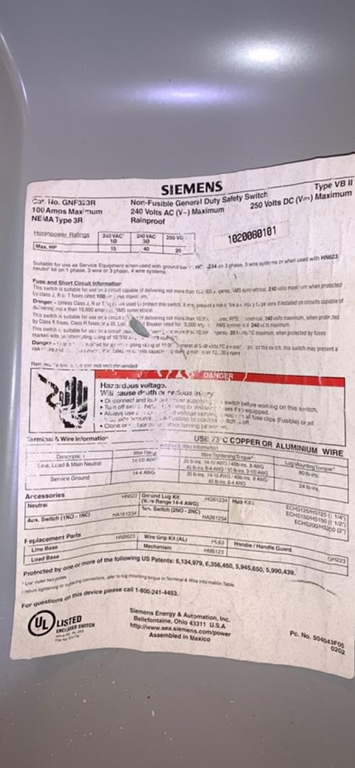 100A SIEMENS GENERAL DUTY SAFETY SWITCH GNF323R(S6LLST10567)