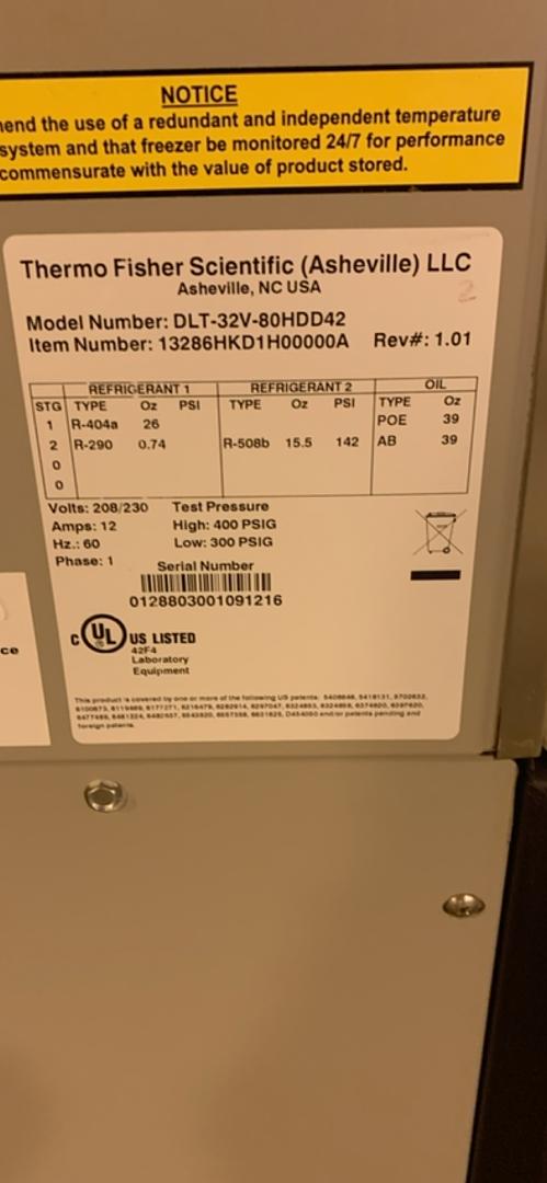 Thermo Harris DLT Series Freezer DLT-32V-80HDD42(S6LLST6858)