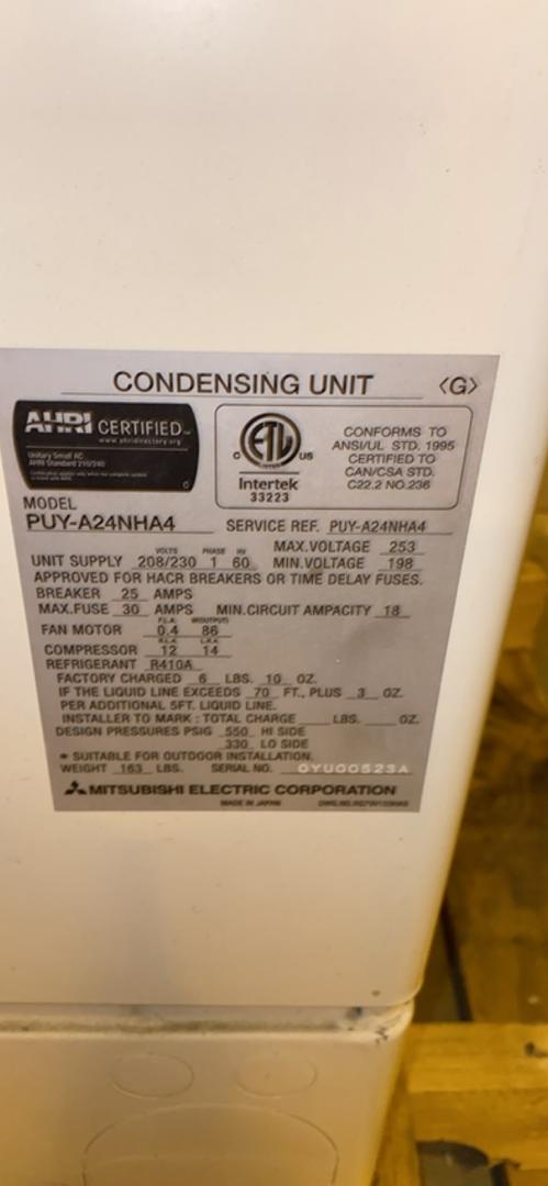 Mitsubishi AC Condensing Unit PUY-A24NHA4 208/230v (S6LLST3367)