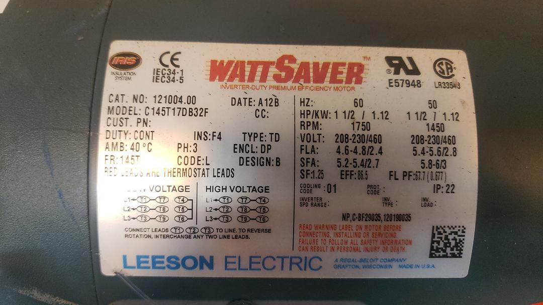 1 1/2 HP WattSaver Electric Motor C145T17DB32F 3 Phase(S6LLST8429)