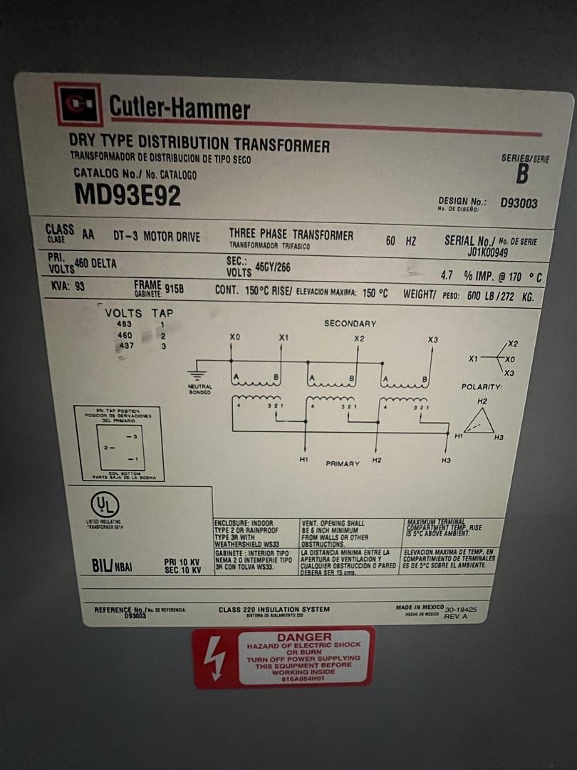 Cutler Hammer 93KVA Dry Type Transformer 460D x 460Y/266v MD93E92 (SKU: 13144)(S6LLST13144)