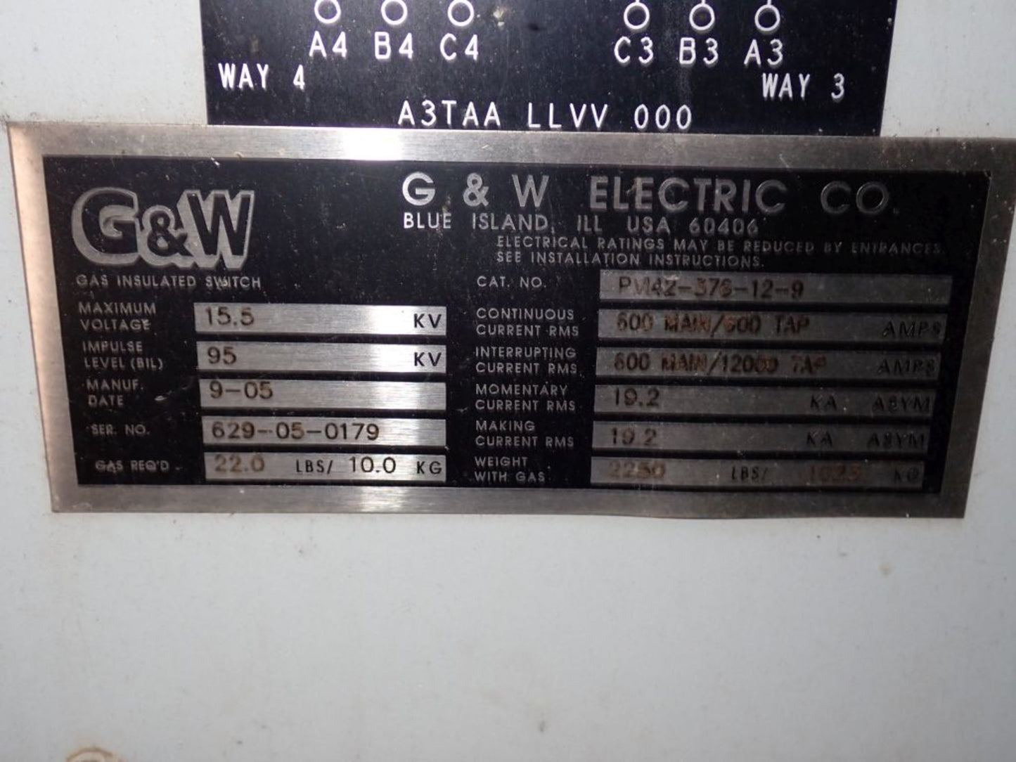 G&W 15KV Pad-Mount Switch Cat. PV142-378-12-9 15.5KV 600A (SKU: 110108)