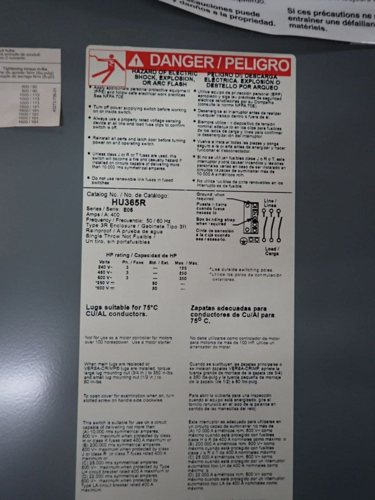Square D 400A Heavy Duty Safety Switch Cat HV365R 600V, Type: 3R Enclosure