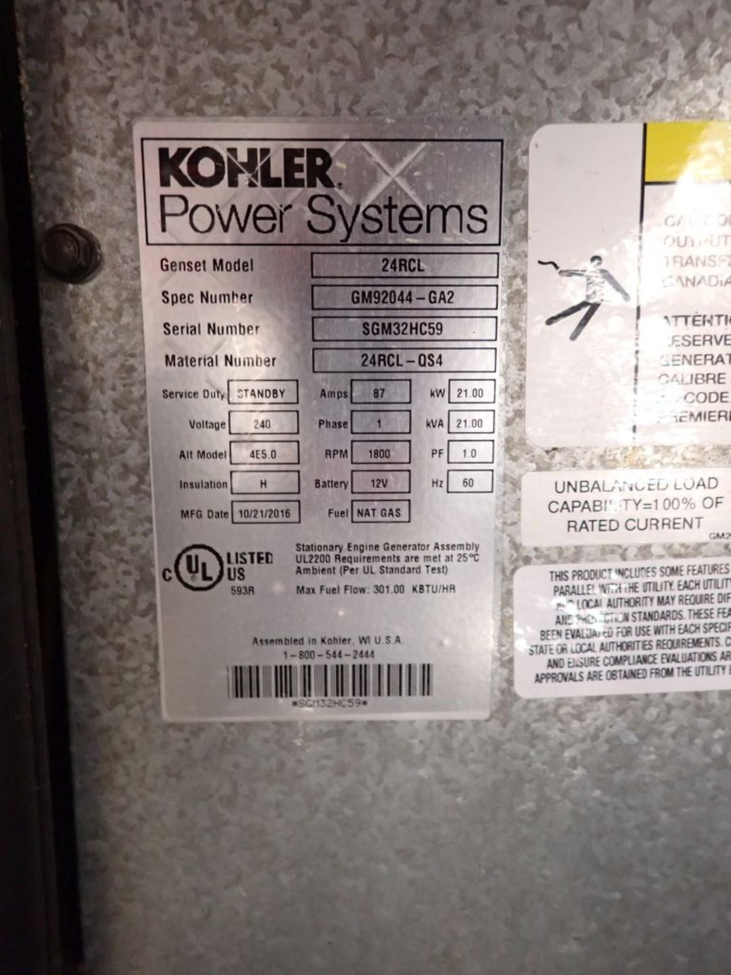 20KW 21KW Kohler 24RCL Nat Gas LP Generator 1ph 240v (SKU: 110103)